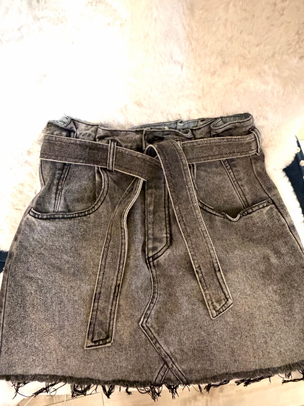 Free People Washed Gray High-Rise Denim Mini Skirt with Tie Belt